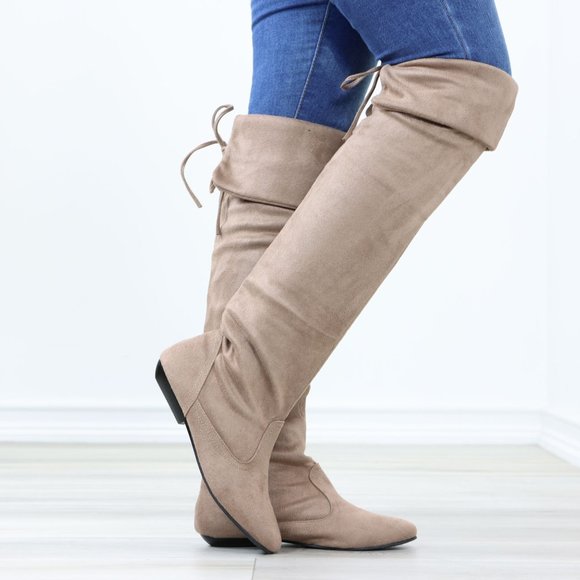 Shoes - Fold Over Taupe Thigh High Over The Knee Flat No Heel Boots Faux Suede Pointed